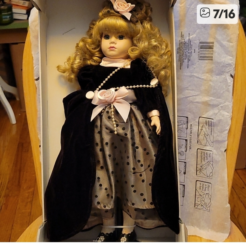 Victorian Collection Genuine Porcelain Doll Black and Gold Dress By Melisa Jane